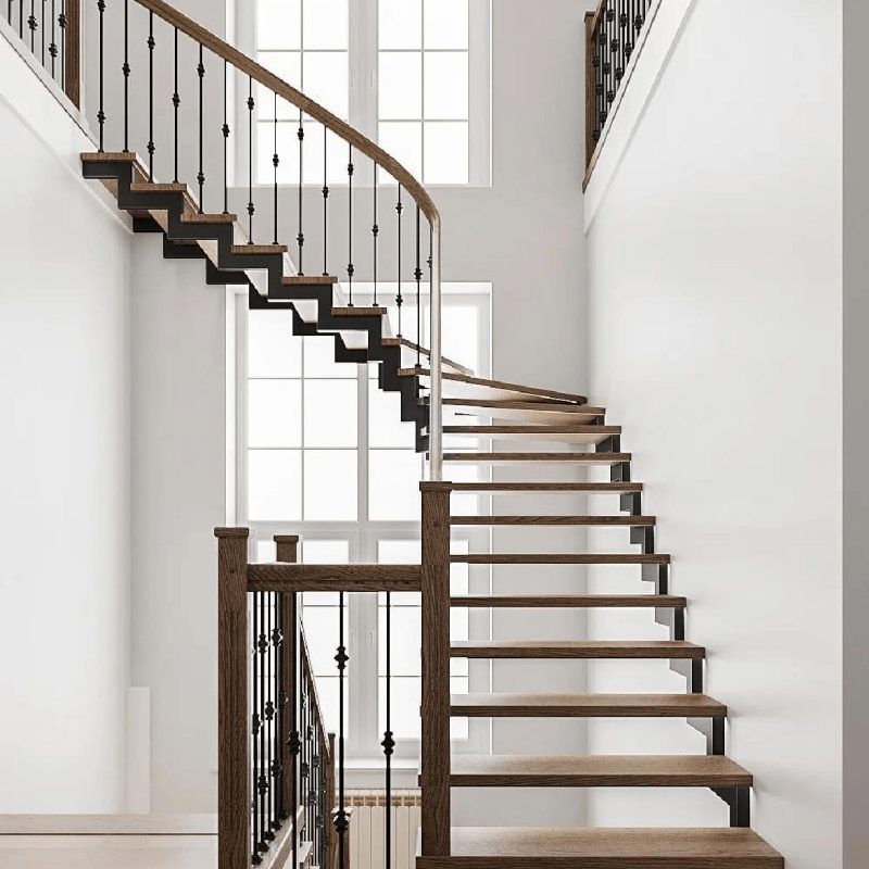 Г-образная лестница с радиусным поворотом и дубовыми ступенями