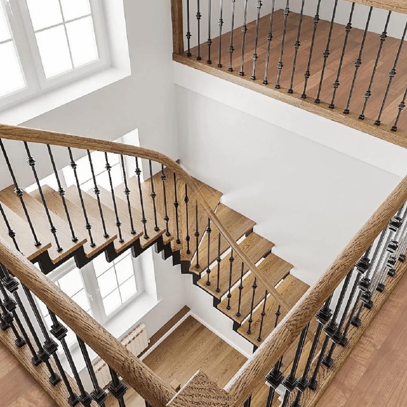 Г-образная лестница с радиусным поворотом и дубовыми ступенями