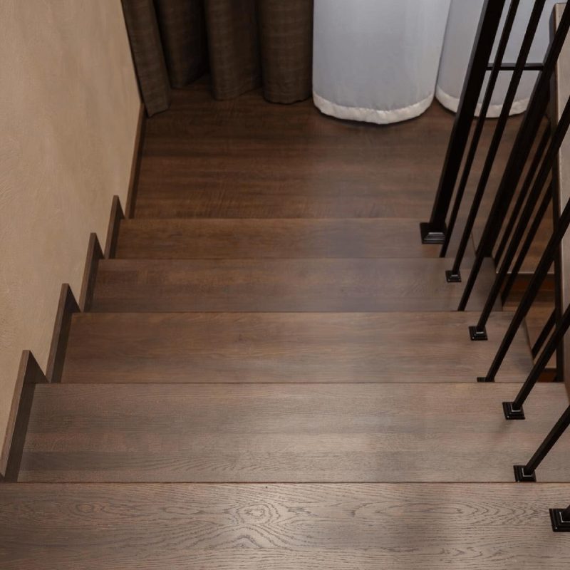 Обшивка монолитной лестницы дубом с подсветкой